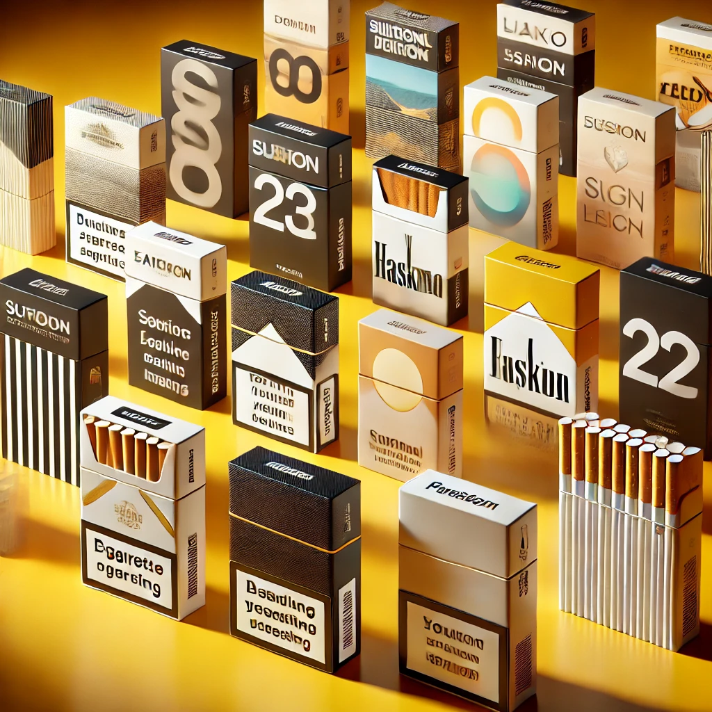 DALL·E 2025-02-12 21.42.01 - A collection of modern cigarette packs displayed on a yellow-toned background. The packaging is up-to-date and realistic, featuring various contempora